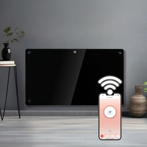 Futura 1500W WiFi Glass Panel Heater, Wall Mounted & Freestanding, Black | 1500W glass heater with app, Alexa and Google Home control, 17m² coverage, 5–35°C thermostat, IP24 and open-window detection.