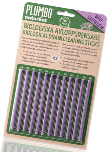 Plumbo Biological Drain Cleaner Sticks, Lavender, Pack of 12 | 1-Year Supply of Enzyme-Activated Drain Cleaner Sink Sticks & Odour Remover – Natural and Sustainable