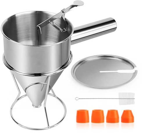 TNOMSNO Dispensador de Masa, 1200ML Dispensador de Masa Acero Inoxidabl Embudo de Pistón con Tapa Cepillo de Limpieza Dispensador de Masa 4 Boquillas para Postres de Panqueques