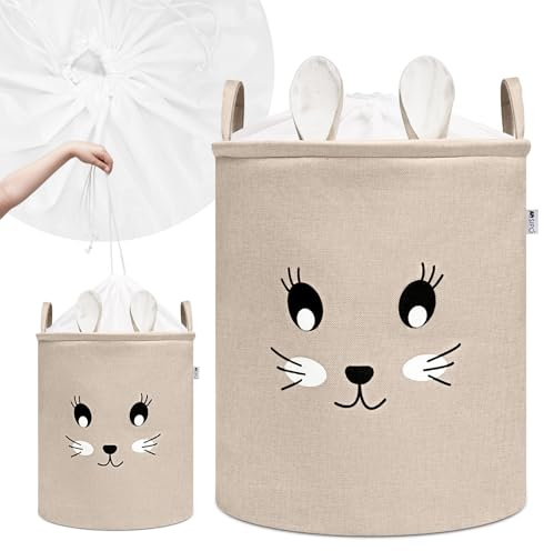 SIPO Großer Spielzeugkorb zur Aufbewahrung von Bausteinen und Kuscheltieren, Premium Qualität XXL 63 L Beiger Hase, Faltbarer Organizer für das Kinderzimmer mit Verschluss, Tragegriffe