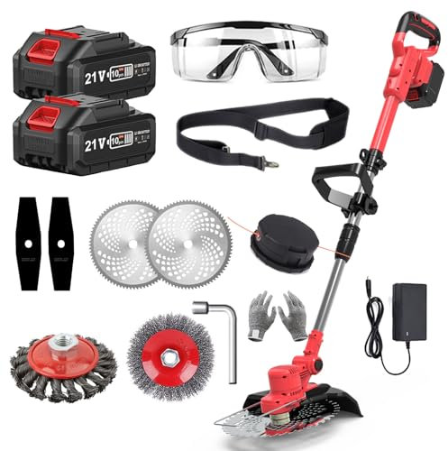 Garden Strimmer Cordless Grass Trimmer with Battery and Charger Electric Edger Battery Powered Lawn Mower Weed Brush Cutter Kit Lawn Mower Weed Brush Cutter Kit (red)