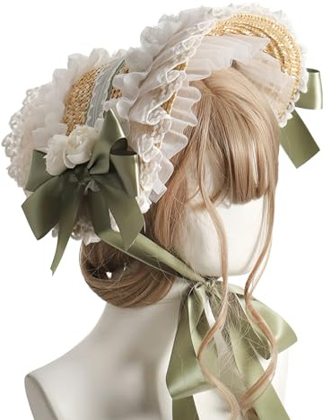 FCCAM Viktorianischer Sonnenhut für Teeparty Lolita hut, Spitze, Schleifen, Blumen, Strohhut, Lolita, Hut für Mädchen Mehrfarbige Damenmütze