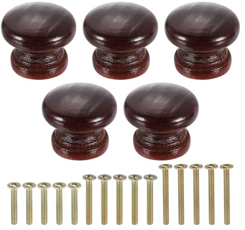 QUARKZMAN 5 Stück Möbelknöpfe Holz, 0,98 x 0,79 runde Schrankknöpfe Pilzform Schrankknöpfe Holzknöpfe mit Schrauben für Möbelschublade Kommode Kleiderschrank, Tee Rot