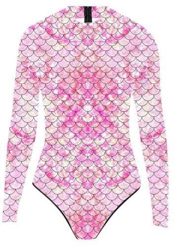 Nlaayong Damen Meerjungfrau Badeanzug Bademode Fisch Schuppen Print Langarm Body Tops Sexy Jumpsuit Auffällig,Kostüm Meerjungfrau