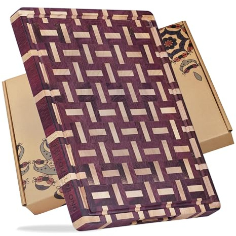YOUSUNLONG End Grain skärbräda – 51 L x 41 B cm skärbräda av lila hjärta trä – 3,8 cm tjock med juicespår och infällt grepp – slaktarblock, grillplatta, kokbräda, ostbräda