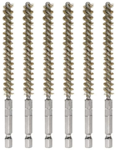 sourcing map 6Pcs Brass Bore Brush 8mm Dia 4.5 Long Cleaning Twisted Wire Brush with Handle 1/4 Hex Shank for Tubes Ports Bearings, Yellow