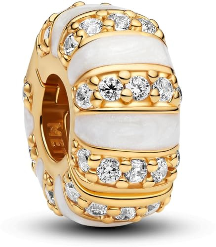 PANDORA Moments 763785C01 Stones and Enamel Clip Charm 14 Carat Gold-Plated Sterling Silver with Zirconia Compatible Moments Bracelets, 9,2x9,2x4,7 mm, Sterling Silver, Cubic Zirconia