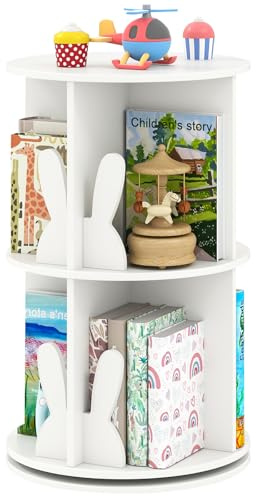 COSTWAY drehrbares Bücherregal Kinder, Kinderregal mit 2 Ebenen & Hasen-Trennwänden, 360 Grad, Kinderbücherregal freistehend, Spielzeugregal für Kinderzimmer, Spielzimmer, 40 x 40 x 65cm (Weiß)