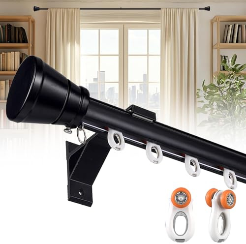 Curtain Single Track Wall Mounted, Roman Rod for Windows, Heavy Duty Drapery Rail with Aluminum Bracket, Silent Curtain Rails System for Room Divider Living Room Bedroom Hospital (Black, 1.9m(6.2ft)
