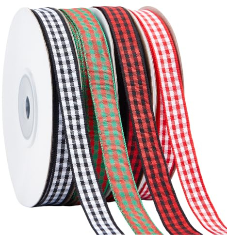 PH PandaHall 73m Polyester Gingham Bänder, 4 Farben 10mm Tartan Plaid Gepunktetes Band Rot Schwarz Weiß Grün Satinband für Geschenkverpackung, Haarbänder, DIY Handarbeiten, Weihnachtsdekoration