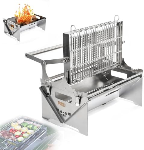 Kolgrill, 360° roterande med avtagbar bricka och justerbar stålram, rostfritt stål vändbara grillgrillar för picknick och gårdsfest