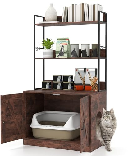COSTWAY Katzenschrank mit Bücherregal, Katzenklo Schrank für Katzentoilette, Katzenhaus mit 3-stufigen Regalen, 4 Haken & Eingang, für Katzen Hunde Haustier, Metallrahmen, Katzenmöbel Indoor (Braun)