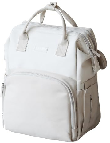 LIINI® Wickelrucksack Cream rPET – 29L Wickeltasche Rucksack mit veganem Leder, wasserfestes Fach für nasse Kleidung, isolierte Flaschenfächer, inkl. Wickelunterlage & Kinderwagenhaken