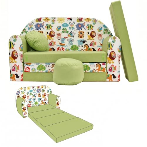 Mon Mobilier Design Nino Canapé Convertible lit pour Enfant avec Pouf et Coussin Oeko-TEX Animaux Vert