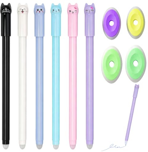 GUOYOU 6 Pièces Chat Stylo Effacables, 0.5mm Stylo Encre avec Gomme