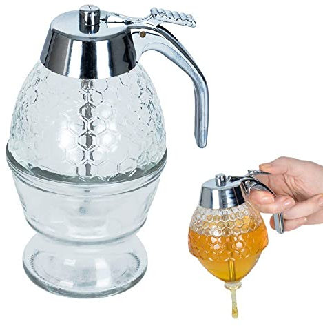 ORION Glas Spender Dispenser für Honig Sirup Honig-Dosierer mit Untersatz Speicher Ständer