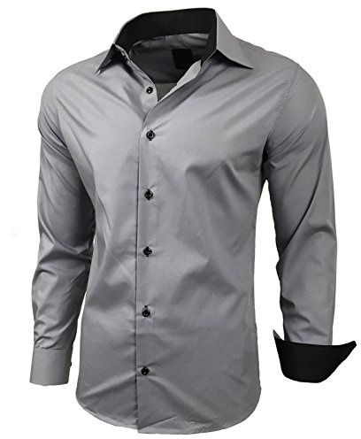 Subliminal Mode - Repassage Facile Chemise Homme Col Bicolore Uni Manches Longues Coupe Slim Business Idée Cadeau, Noël, Saint Valentin RN44,XL,Gris