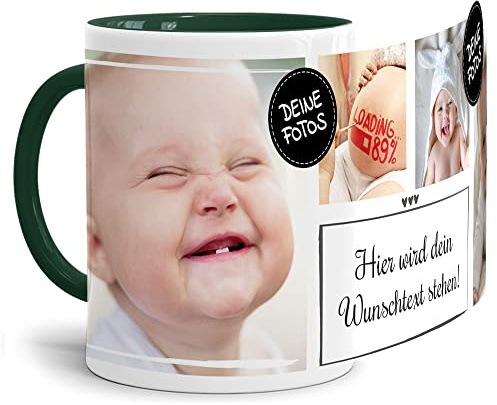 Foto-Tasse selbst gestalten mit Text & Collage für 4 Fotos - Geschenk für Familie, Freunde, Geburtstag, Weihnachten - Keramik Innen & Henkel Dunkelgrün, 300 ml I Personalisiert