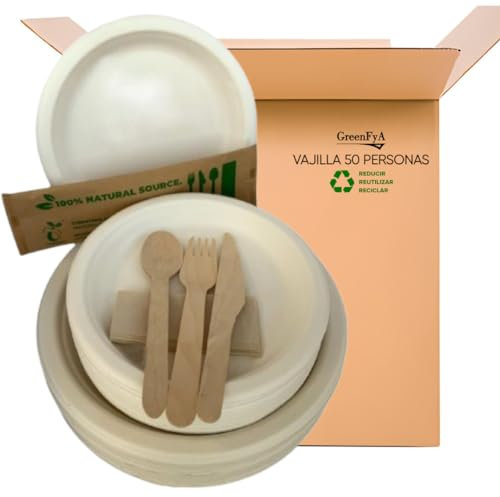 Jofisa Vajilla Desechable 300 Piezas Ecológica – Platos Caña de Azúcar, Cubiertos Madera y Servilletas – 50 Personas – Biodegradable, Compostable – Fiesta, Boda, Cumpleaños, Picnic, Catering