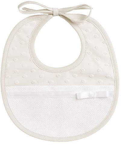FILET Am715t - Babero Confeccionado en Suave Tejido Efecto Lunares 3D con Bolsillo de Tela Aida para Bordar, Lazo de Satén, Cierre con Cordones,para Bebés, 100% Made in Italy, Color Beige, Talla única