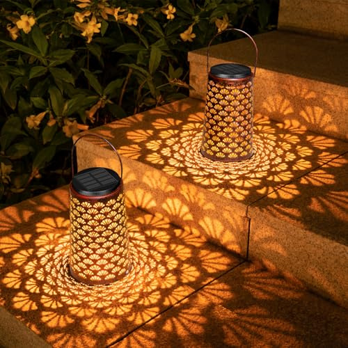 Solarlaterne für Außen, Moman 2 Stück Metall Solarlampen für Außen Garten mit Kalt/Warm Licht, Hängend Solar Lampion Outdoor, IP55 Wasserdicht (Muscheln-Form), Solar-Laterne-Außen-Garten-Deko