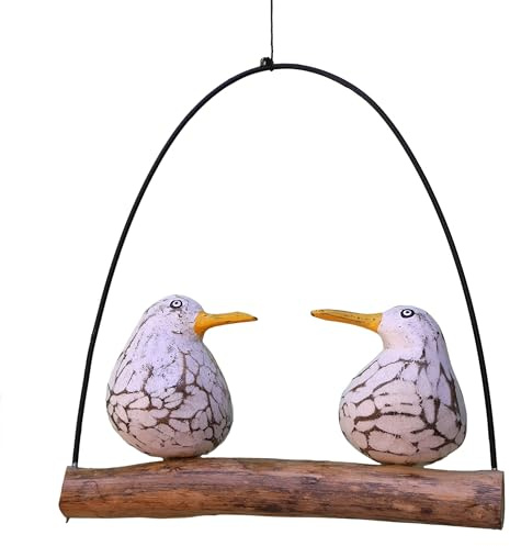 ART-CRAFT Zwei schaukelnde Möwen aus Holz auf Treibholzstück im romantischen Landhaus-Stil mit White Wash Optik im Shabby Chic Stil