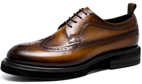 Derby Wingtip Brogue da uomo, con lacci, scarpe da cerimonia nuziale, in vera pelle, scarpe derby formali per affari, Marrone, 42 1/3 EU