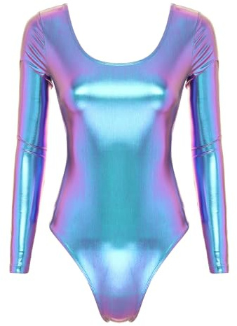 iEFiEL Damen Metallic Body Lackleder Bodysuit Catsuit Wetlook Jumpsuit Langarm/Kurzarm Turnanzug Ballettbody Trikotanzug Tanzkostüm Laser Blau + Violett M