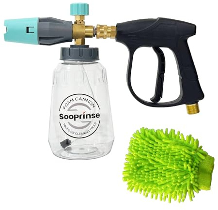 Sooprinse Kurze Hochdruckreiniger-Pistole mit Schaumkanone, Hochdruck-Schneeschaumlanze, 1/4-Zoll-Schnellanschluss, Hochdruckreiniger-Blaster, Autowaschhandschuh, 3000 PSI, 1 Liter