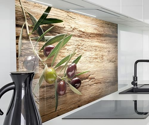 timalo Schutzplatte Spritzschutz Wand Spüle, Küche Küchenrückwand Glasoptik | Acryl Glas 2mm | Glasrückwand Acrylglas Küchenpaneele Küchenspiegel | 100x50cm Oliven altes Holz Olivenzweig