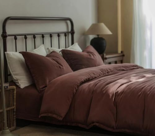 Joanna & Seasons 4 Pieces Enzyme Washed Satin Tencel Duvet Cover Set Double 80s 300 Thread Velvet Touching (DK Red).