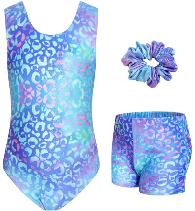 JiAmy Maillot Gimnasia Ritmica para Niña, Maillot Ballet Cuello redondo Maillot Disfraz Gimnasta Incluyendo Hairband Pantalones cortos Niña de 8-9 años