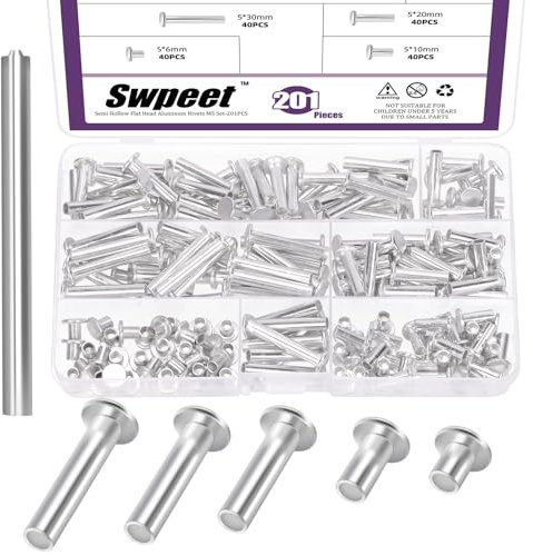 Swpeet 201Pcs 5 Sizes M5×6mm/12mm/20mm/25mm/30mm Aluminum Flat Head Semi Tubular Rivets with Punch Assortment Kit, Round Flat Head Semi Tubular Rivets in Silver Tone for Craft Repairs and Decoration