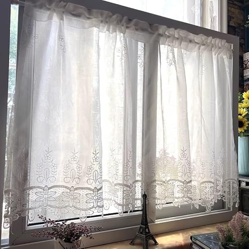 Vordesack Garn Scheibengardine Weiße Stickerei Halbvorhang für Balkon, Trennwand, Fensterbank Kurzstore aus feinem Polyester-Leinen-Mix 1 Stück HxB 70x70cm