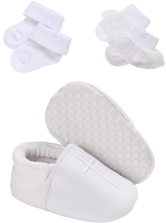 TJCONETJC - Juego de 3 zapatos de bautismo y calcetines para bebés para niños y niñas, zapatos pequeños, suela suave, color blanco