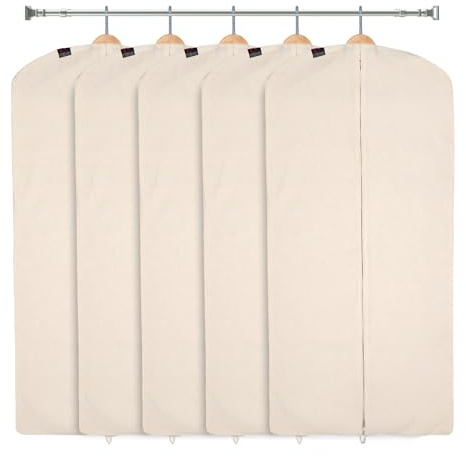 CARASELLE Deluxe 100% Natural Cotton Clothes Cover Protector Bag with Zip, Garment Covers Wardrobe Storage for Suits/Long Dress for Women (129 x 60 cm, pack of 5)