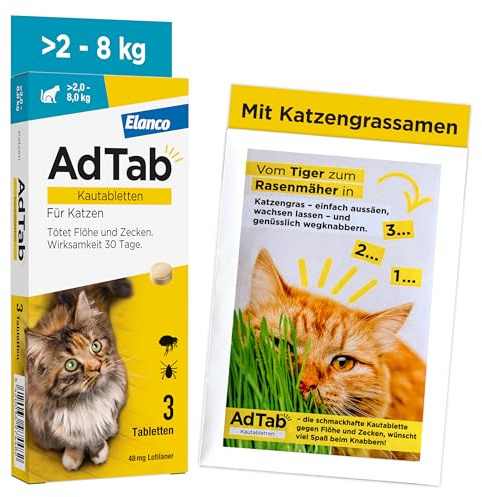 AdTab Katze 2-8 kg - Kautablette gegen Flöhe & Zecken mit Katzengrassamen