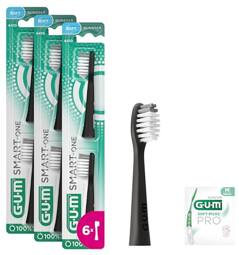GUM SMART ONE Bürstenköpfe | Kompatibel mit der GUM SMART ONE elektrischen Zahnbürste | Indikatorborsten | 6x Bürstenköpfe | 1x SOFT-PICKS PRO Probe M | Schwarz