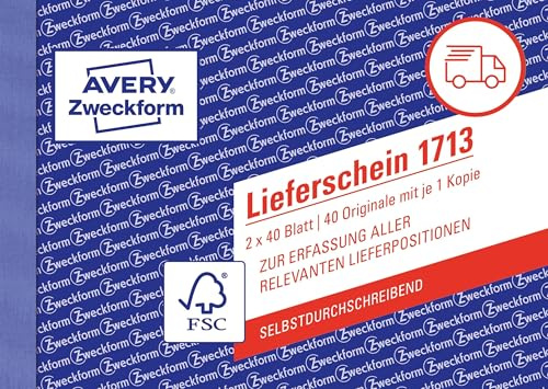 AVERY Zweckform 1713 Lieferschein speziell für Österreich (A6 quer, 2x40 Blatt, selbstdurchschreibend mit farbigem Durchschlag, zur Erfassung aller relevanten Lieferpositionen) weiß/gelb