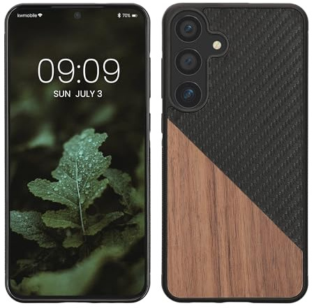 kwmobile Coque Compatible avec Samsung Galaxy S25 Plus - Housse en Bois et Fibre Carbone Brun foncé-Noir