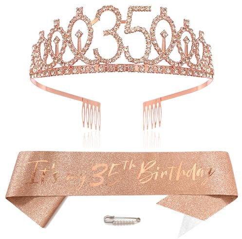 Or rose 35e anniversaire couronne et écharpe fille 35e anniversaire décoration strass anniversaire diadème princesse couronne reine tiare d'anniversaire filles 35 ans décoration fête vêtements