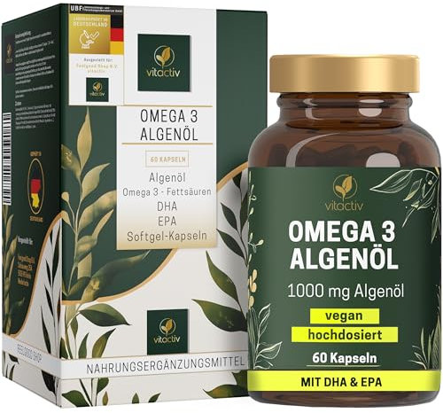 VITACTIV Omega 3 Capsule di olio di alghe – 60 pezzi – Marines Omega 3 Vegan, ad alto dosaggio con 1000 mg di olio di microalghe per dose giornaliera – 450 mg acidi grassi Omega-3 DHA & EPA (2:1) –