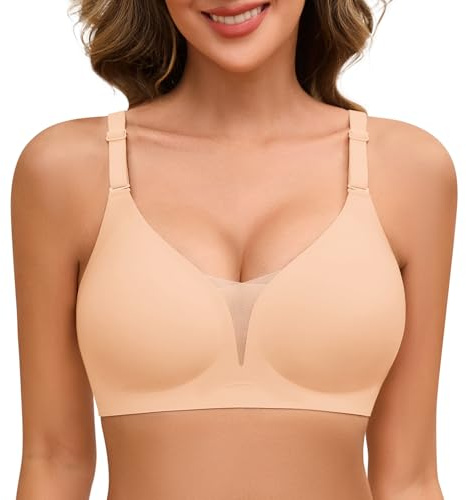 TOMEEK Donna Reggiseno Senza Ferretto Senza Cuciture Reggiseno Donna Comodo Push Up Scollo a V Pizzo Reggiseno Imbottito Bralette Cinghie Regolabili Invisibile(Colore della Pelle,M)
