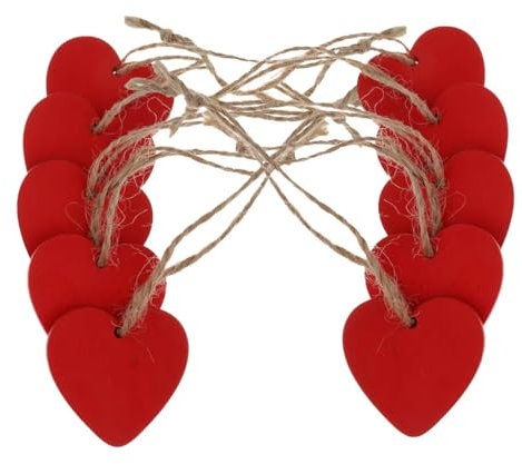 Red Wooden Love Hearts (10 Pack) with String – Durable & Lightweight Painted MDF Wood Heart Shapes (4cm x 4cm) with a Pre-Drilled Hole for Hanging - Decorations, Weddings, Anniversaries & Valentines