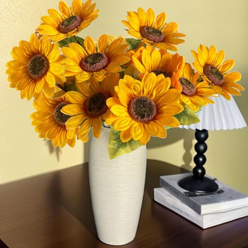 Künstliche Sonnenblumen12 Bündel Künstliche Kunstblumen Innen,Einzelne Stiel Sonnenblumen ,Wie Echt Fake Sunflower Wetterfest Kunstpflanzen für Innen Draußen Hochzeit,Party, Büro, Garten Balkon Deko