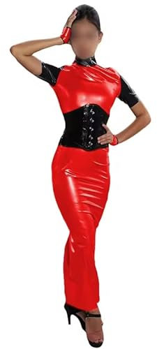 YGZHANYUANOKU Short Sleeve Bodycon Dress with Gloves Long Pencil PVC Leather High Neck Hobble Dress Rave Party Customizable,Red,M