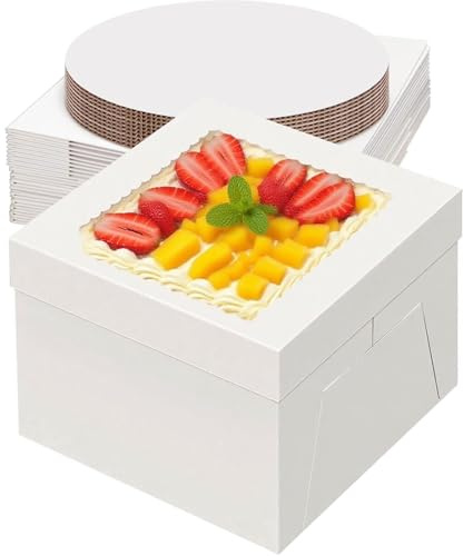 IRELINM 10 inch Cake Box & White Cake Board Set 10 x 10 x 8 Square 20 Packs (10 x boxes & 10 x boards) Clear Windows Disposable Cake Containers for Wedding Birthday Party Celebration