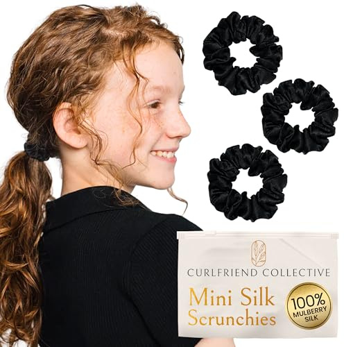 Curlfriend Mini Mulberry Silk Scrunchies for Women, Onyx Black, 4 Pack