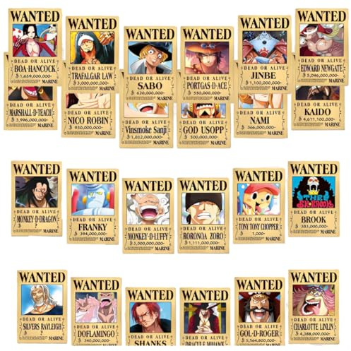 LGWJHCY 24PCS Anime Poster, Anime Wanted Bounty Poster ästhetische Bilder Wand Dekoration Collage Posters Wanted für Zimmer Wohnzimmer Schlafzimmer, 42 x 29 CM