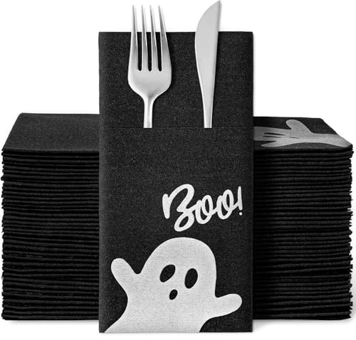 JarThenaAMCS 50 Pcs Halloween Ghost Linen Feel Napkins with Built-in Flatware Pocket Black Cute Ghost Boo Disposable Paper Napkins for Halloween Birthday Party Dinner Table Supplies